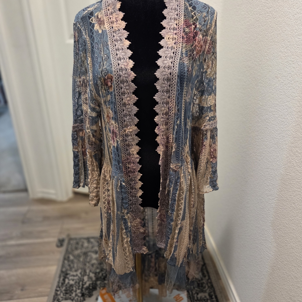 Origami Designer Boho Lace-Trim Floral Open Front Duster Jacket - Blue/Tan Chic